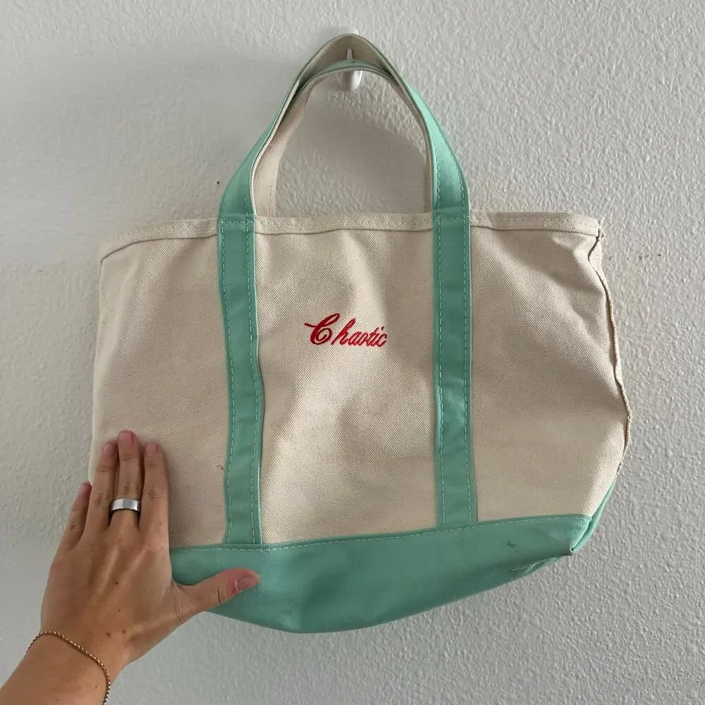 Vintage LL Bean canvas tote teal embroidered chaotic
